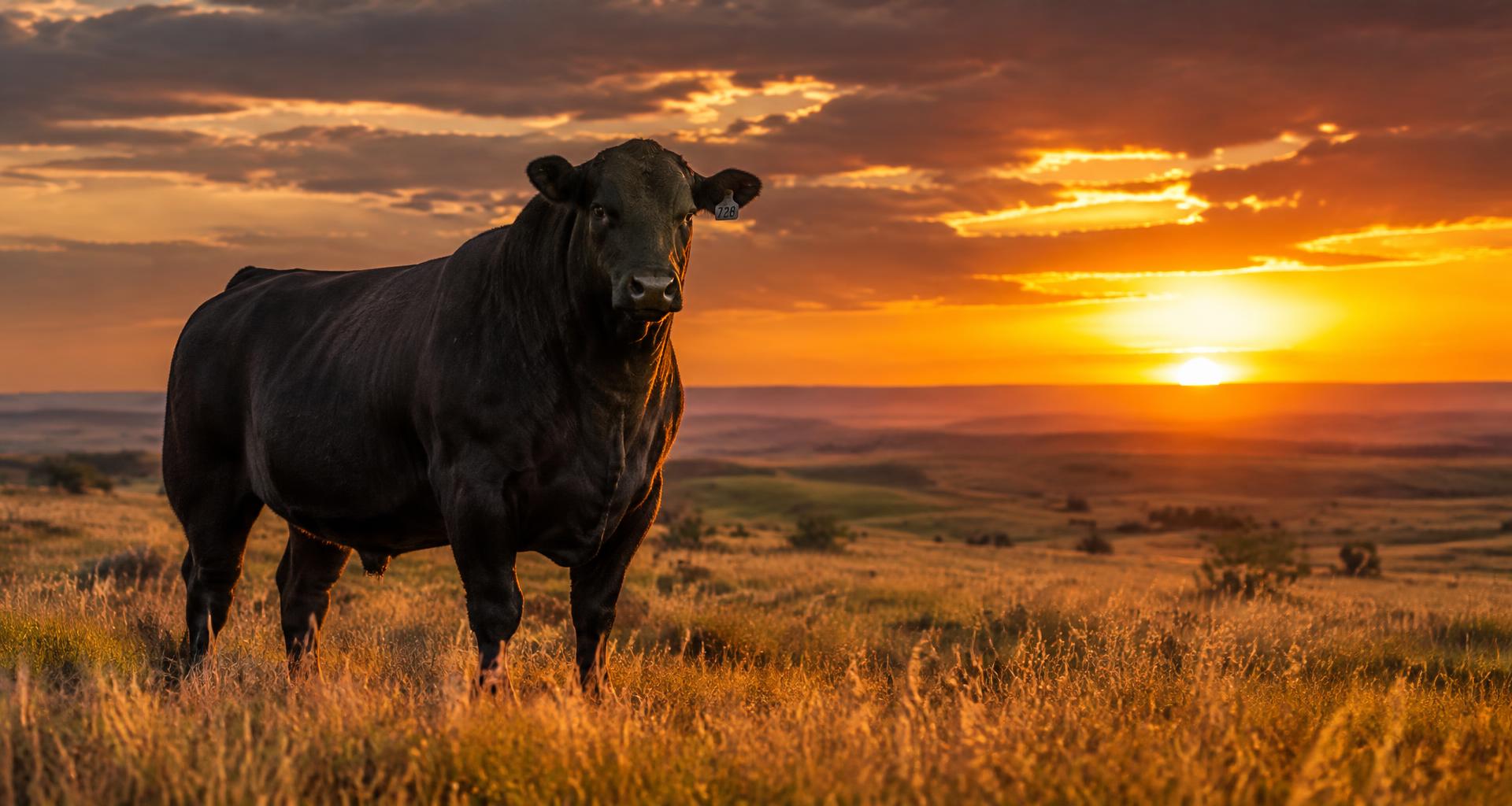 Black Angus steer on an American prairie at sunset